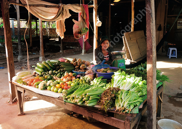 Young woman  selling produce at village market near Siem Reap